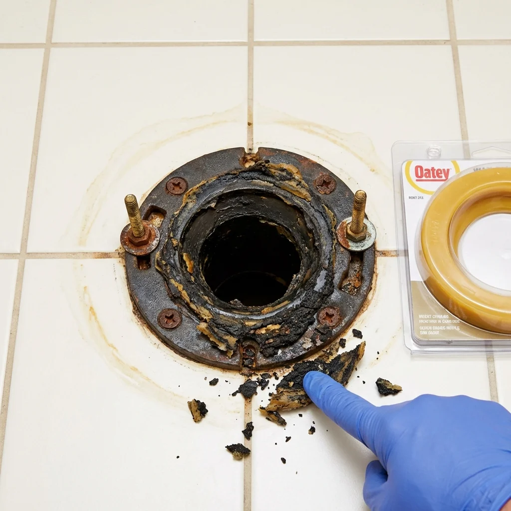 Failed wax ring showing water seepage at the base of a toilet in a Bridgeton, NJ home