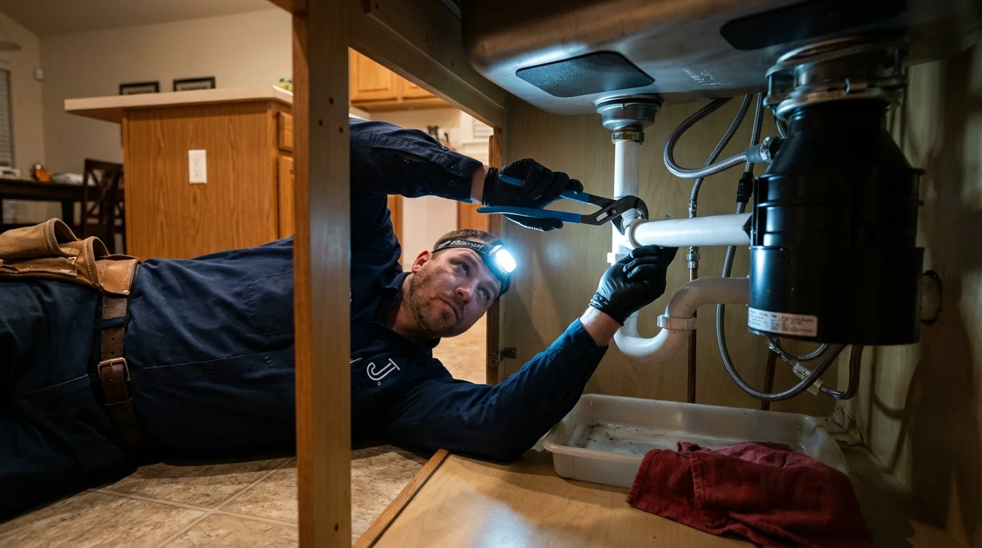 P-trap and supply line connections under a kitchen sink showing a common leak point in Bridgeton, NJ